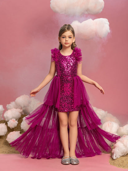 Additional product view of Layered Hem Sequin A-Line Sleeveless Mesh Midi Tween Girls' Party Dress