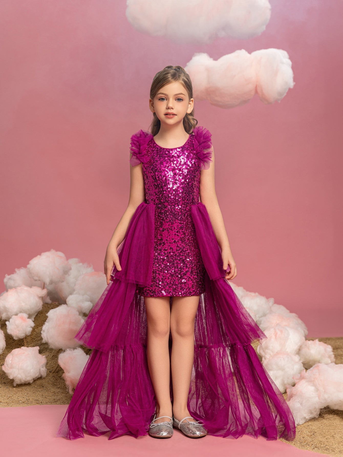 Additional product view of Layered Hem Sequin A-Line Sleeveless Mesh Midi Tween Girls' Party Dress