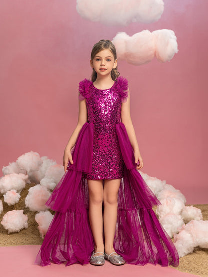 Additional product view of Layered Hem Sequin A-Line Sleeveless Mesh Midi Tween Girls' Party Dress