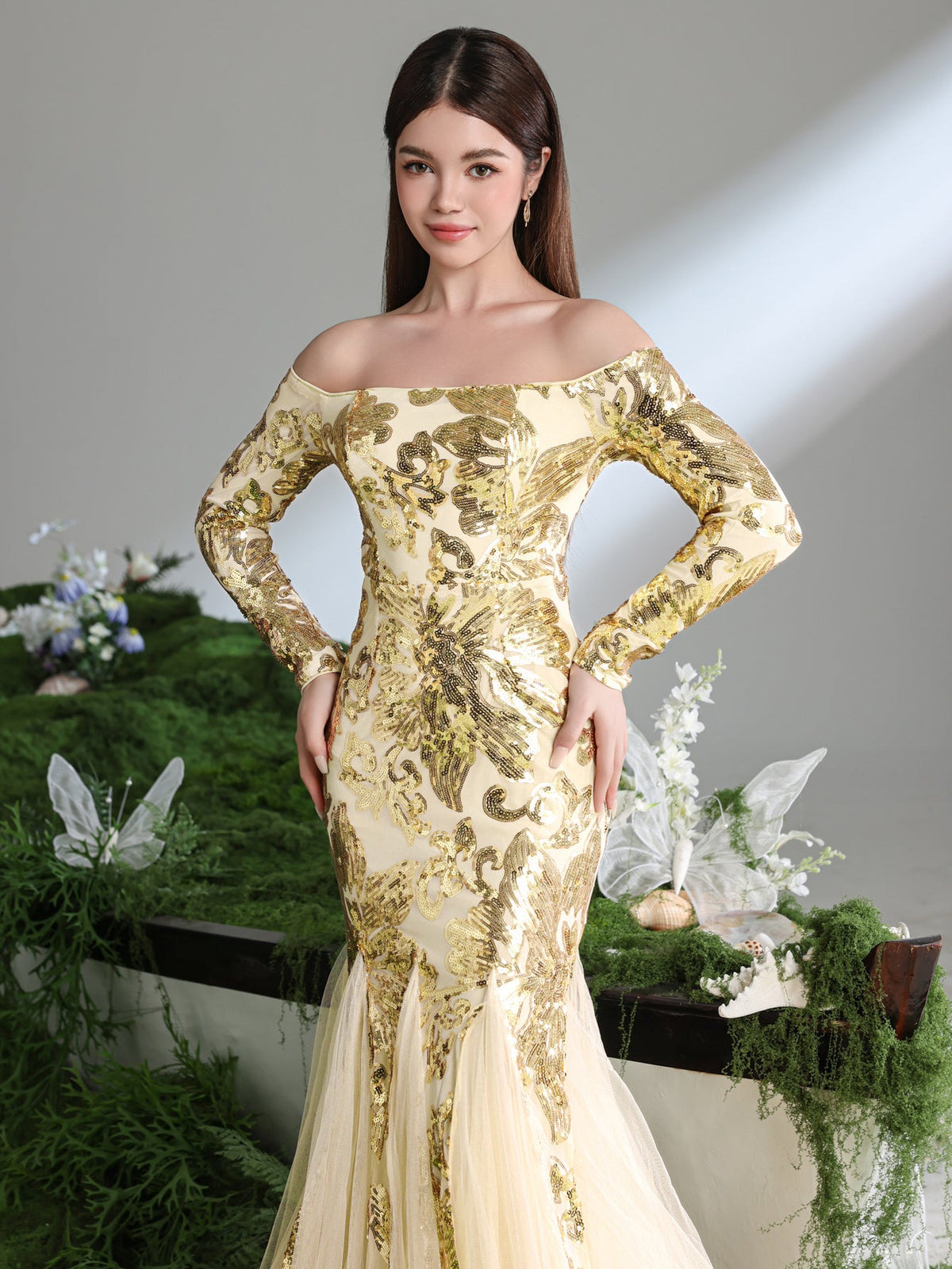 Additional product view of Contrast Mesh Mermaid Hem Off-Shoulder Sequin Long-Sleeve Teen Girls' Party Dress