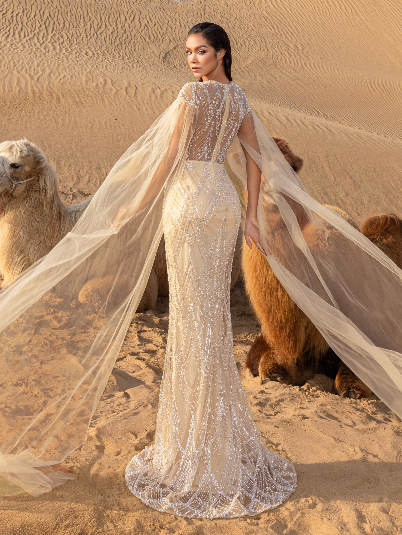 Luxury Gorgeous Sheer Cloak Sleeves Mermaid Hem Beaded Evening Dress – view 18