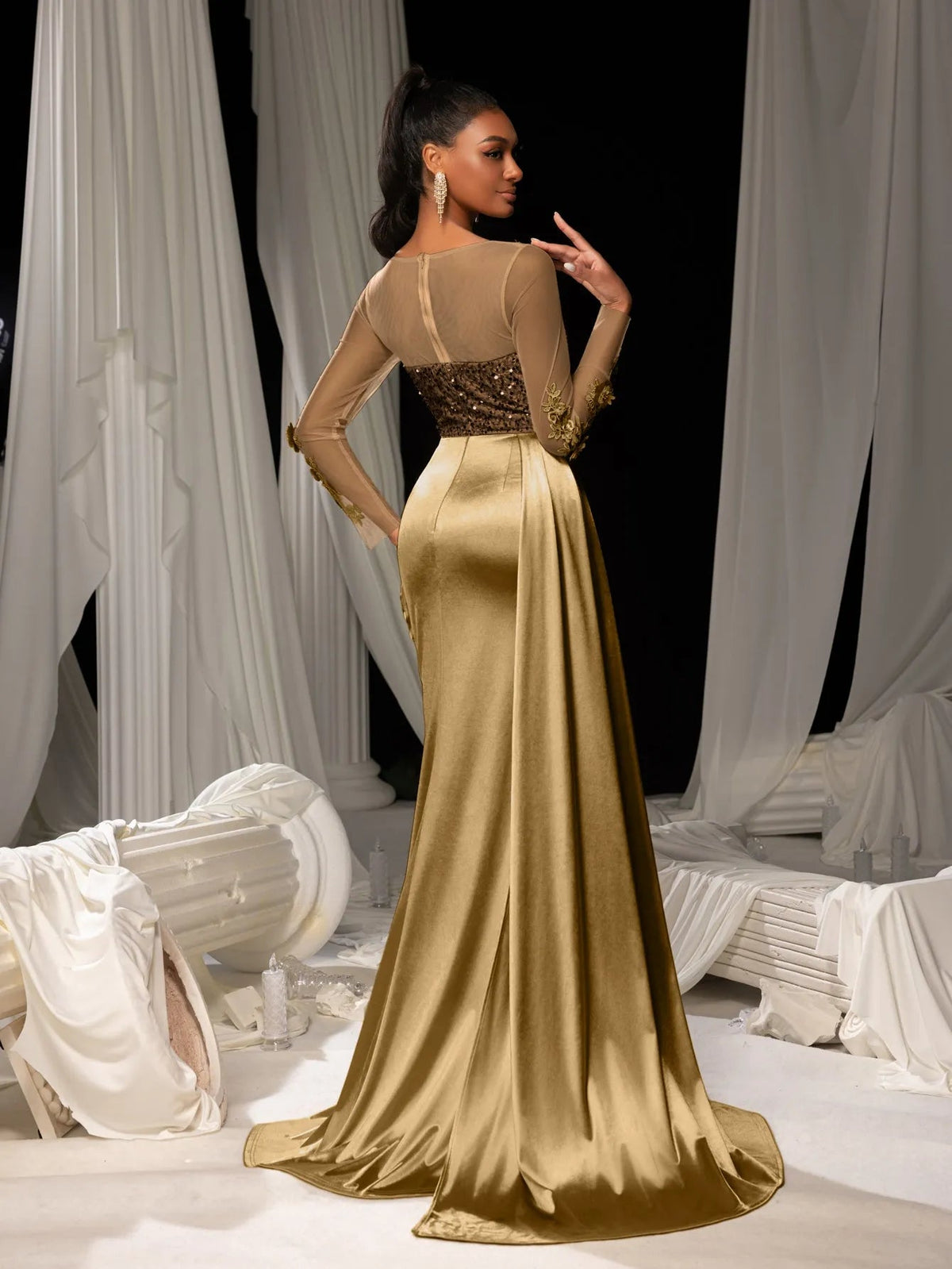Additional view of Sequin Bodice Sheer Sleeve Mermaid Hem Satin Evening Dress
