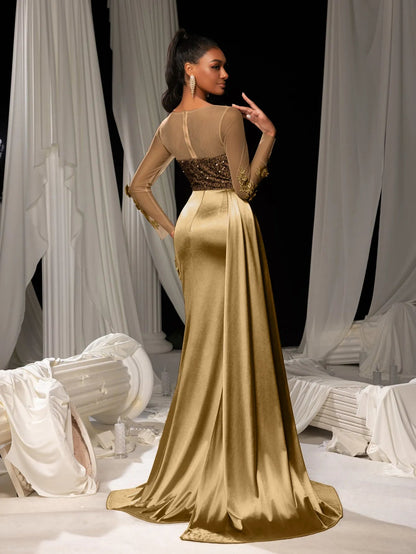 Additional view of Sequin Bodice Sheer Sleeve Mermaid Hem Satin Evening Dress