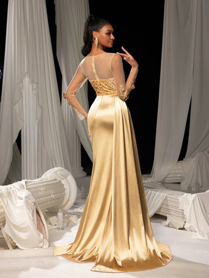Additional view of Sequin Bodice Sheer Sleeve Mermaid Hem Satin Evening Dress
