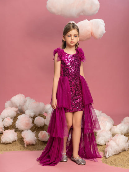 Additional product view of Layered Hem Sequin A-Line Sleeveless Mesh Midi Tween Girls' Party Dress