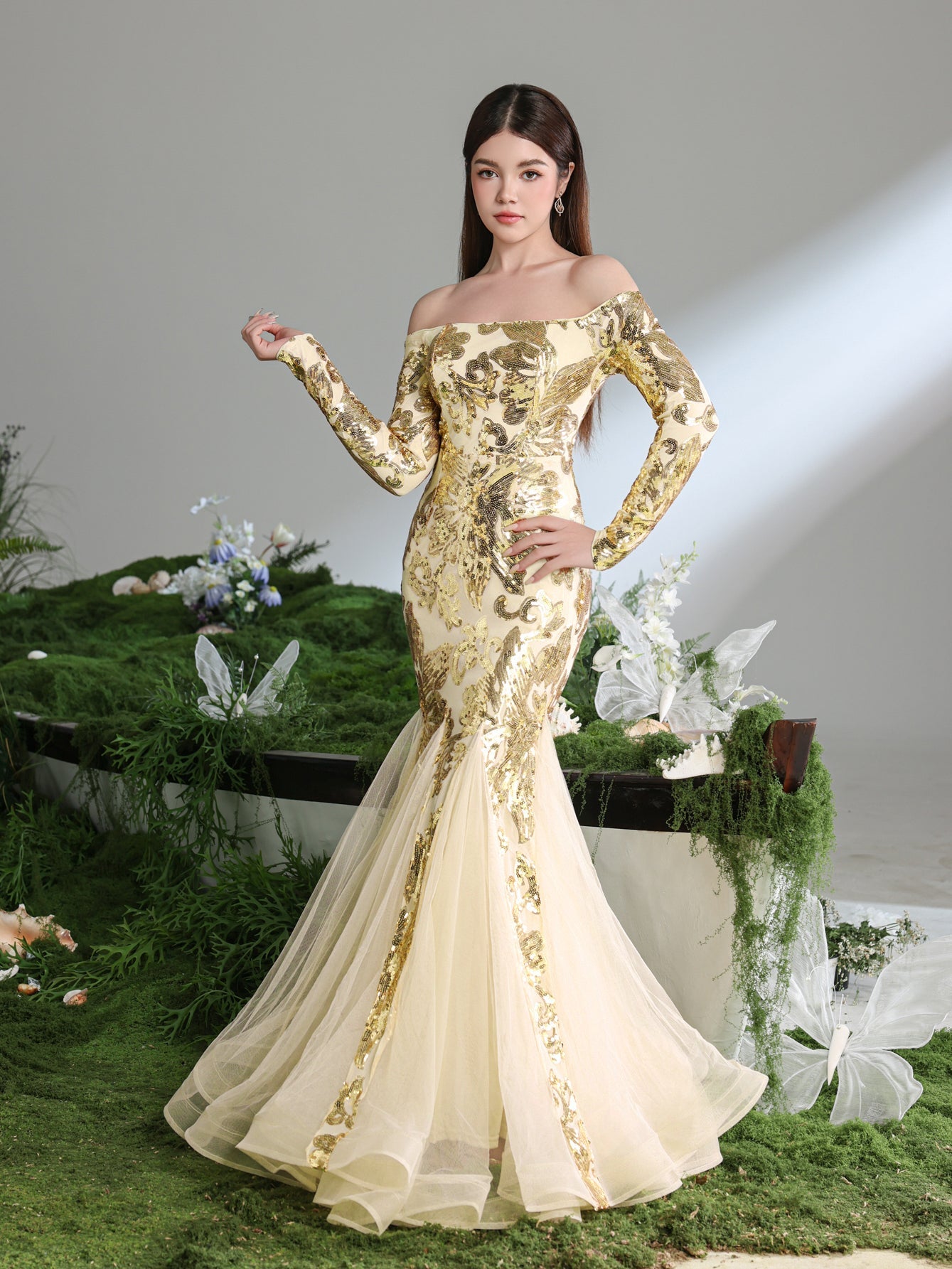 Additional product view of Contrast Mesh Mermaid Hem Off-Shoulder Sequin Long-Sleeve Teen Girls' Party Dress