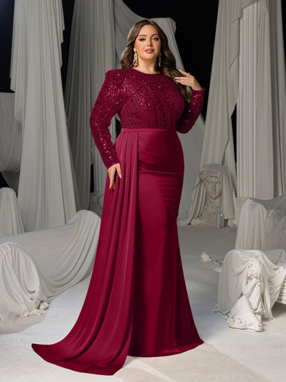 Plus Round Neck Long Sleeves Formal Evening Dress with Sequin Bodice and Satin Mermaid Skirt