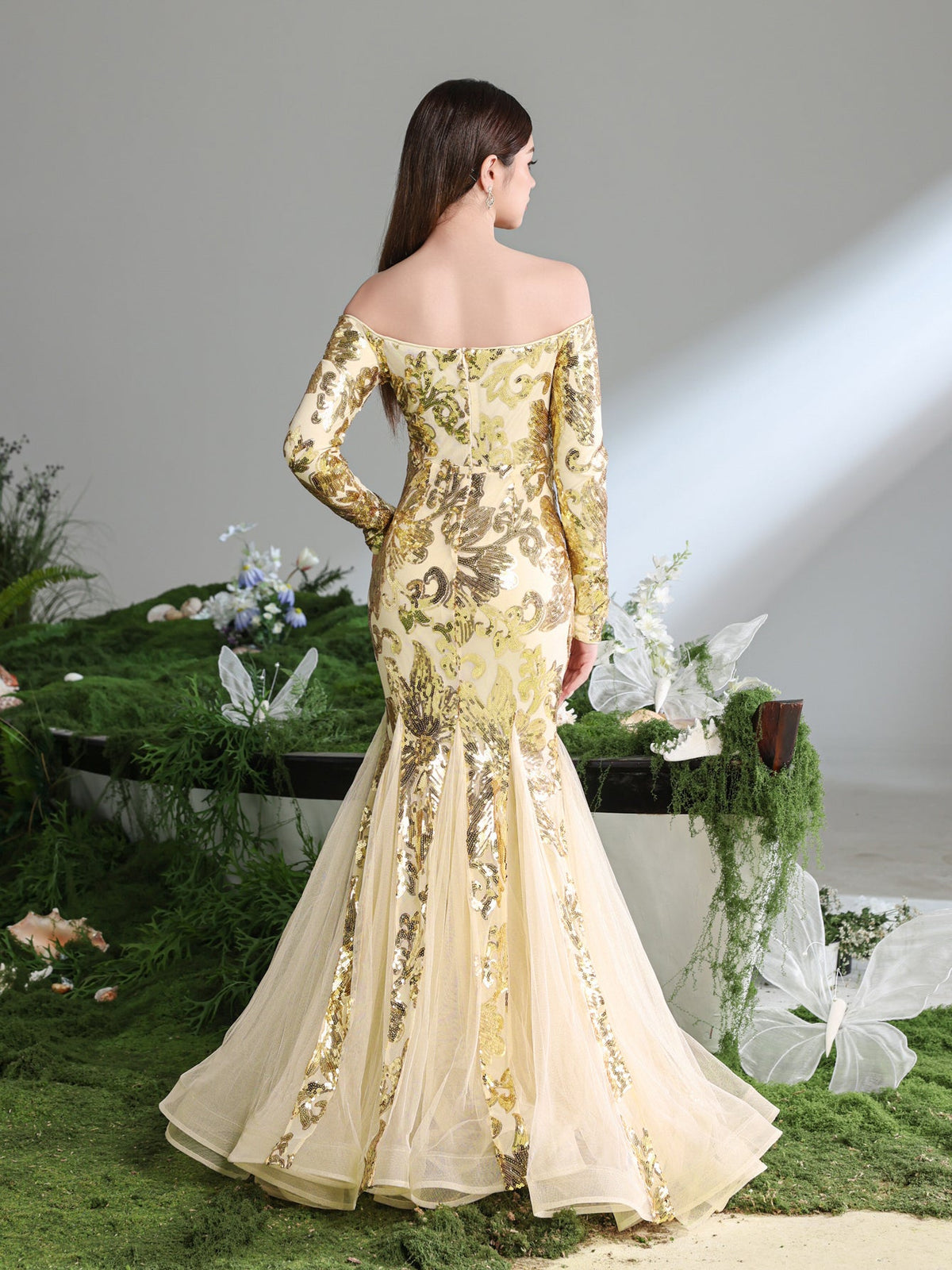 Additional product view of Contrast Mesh Mermaid Hem Off-Shoulder Sequin Long-Sleeve Teen Girls' Party Dress
