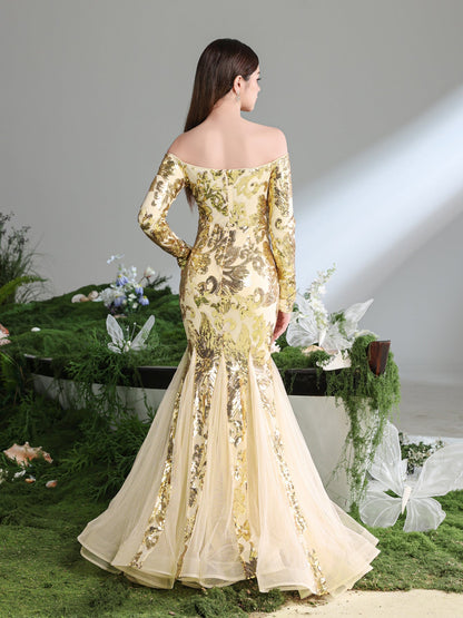 Additional product view of Contrast Mesh Mermaid Hem Off-Shoulder Sequin Long-Sleeve Teen Girls' Party Dress