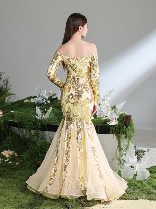 Additional product view of Contrast Mesh Mermaid Hem Off-Shoulder Sequin Long-Sleeve Teen Girls' Party Dress