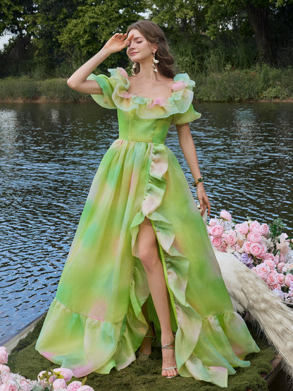Ruffle Trim Puff Sleeve Split Ombre Organza Prom Dress — authorized product image 1