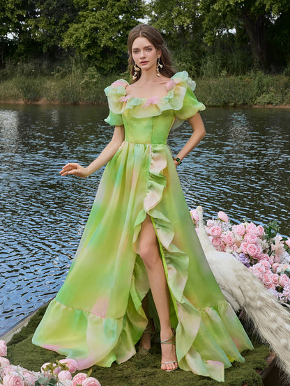 Ruffle Trim Puff Sleeve Split Ombre Organza Prom Dress — authorized product image 3