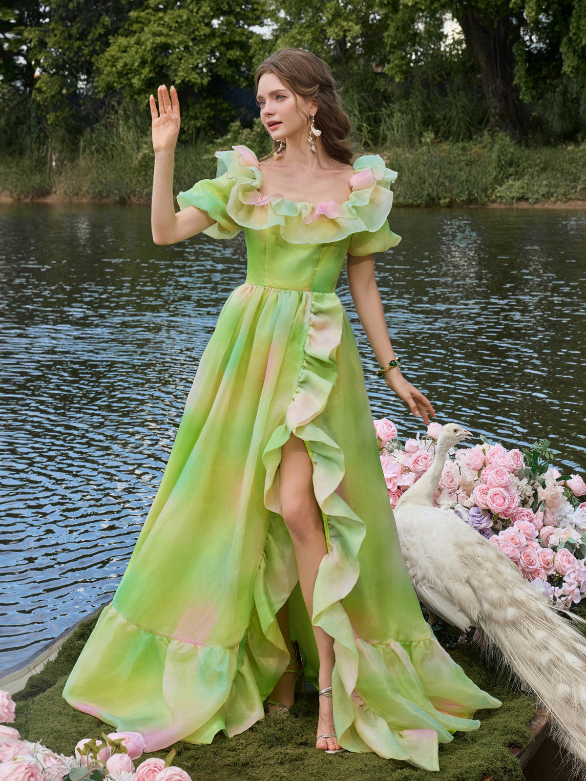 Ruffle Trim Puff Sleeve Split Ombre Organza Prom Dress — authorized product image 4