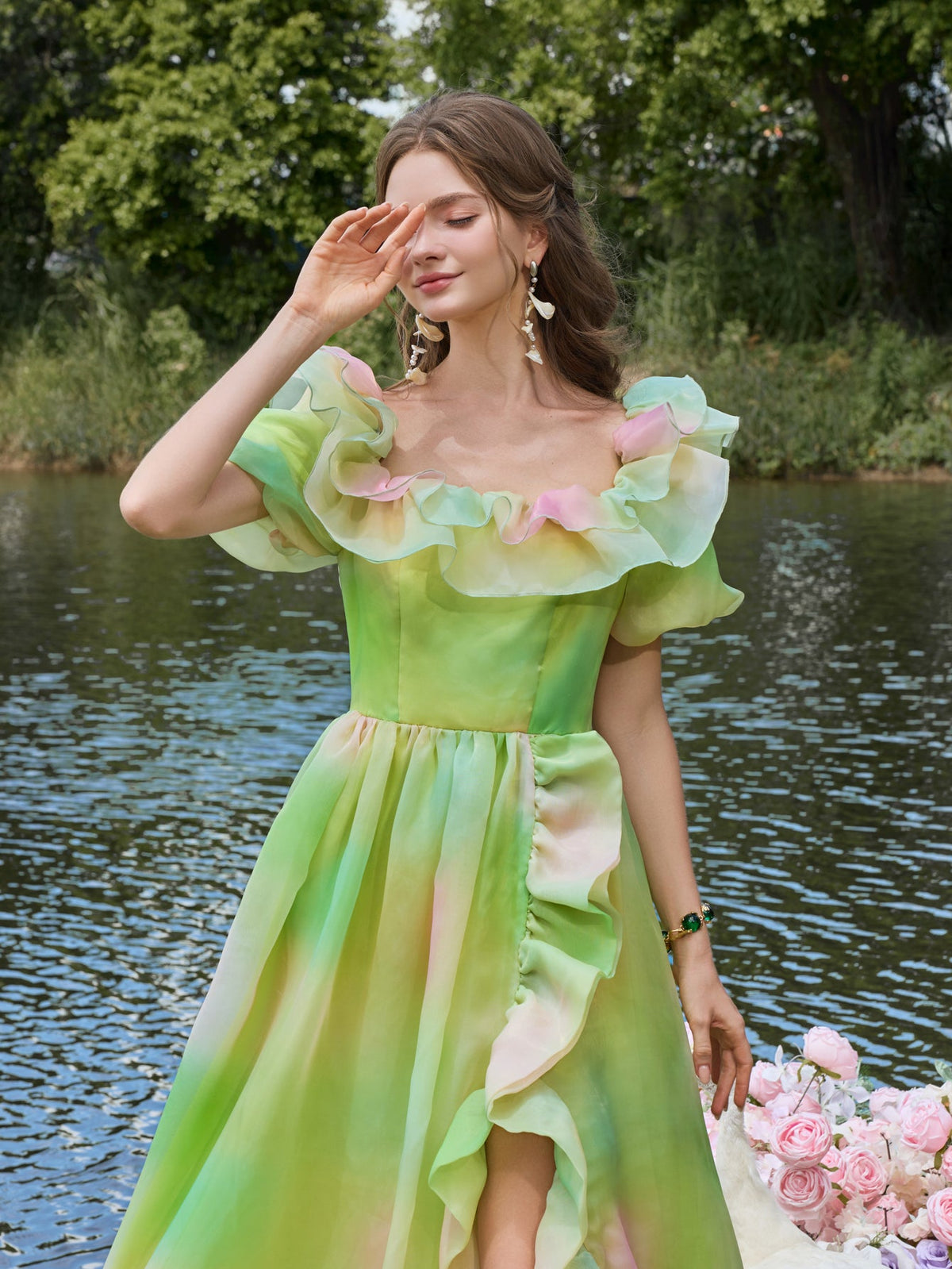 Ruffle Trim Puff Sleeve Split Ombre Organza Prom Dress — authorized product image 5