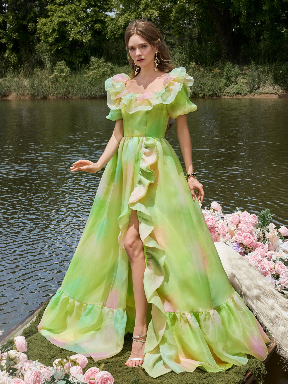 Ruffle Trim Puff Sleeve Split Ombre Organza Prom Dress — authorized product image 6
