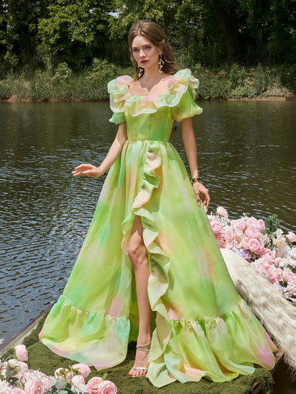 Ruffle Trim Puff Sleeve Split Ombre Organza Prom Dress — authorized product image 6