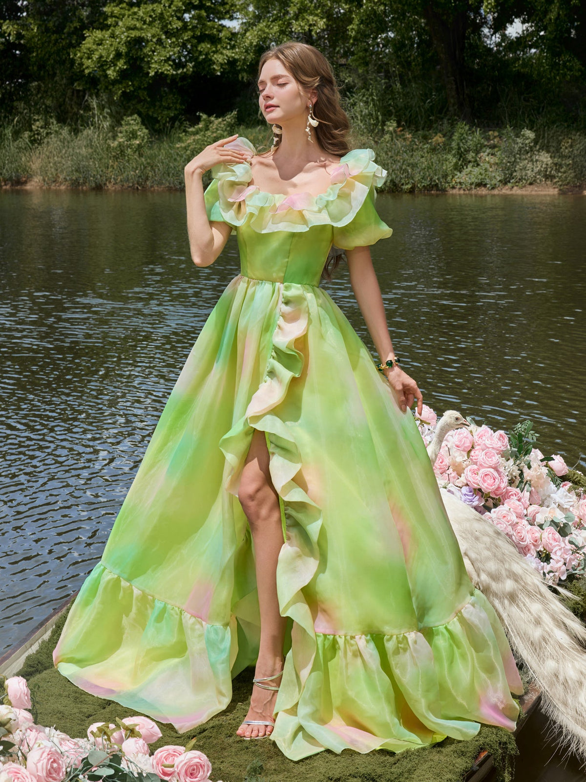 Ruffle Trim Puff Sleeve Split Ombre Organza Prom Dress — authorized product image 7