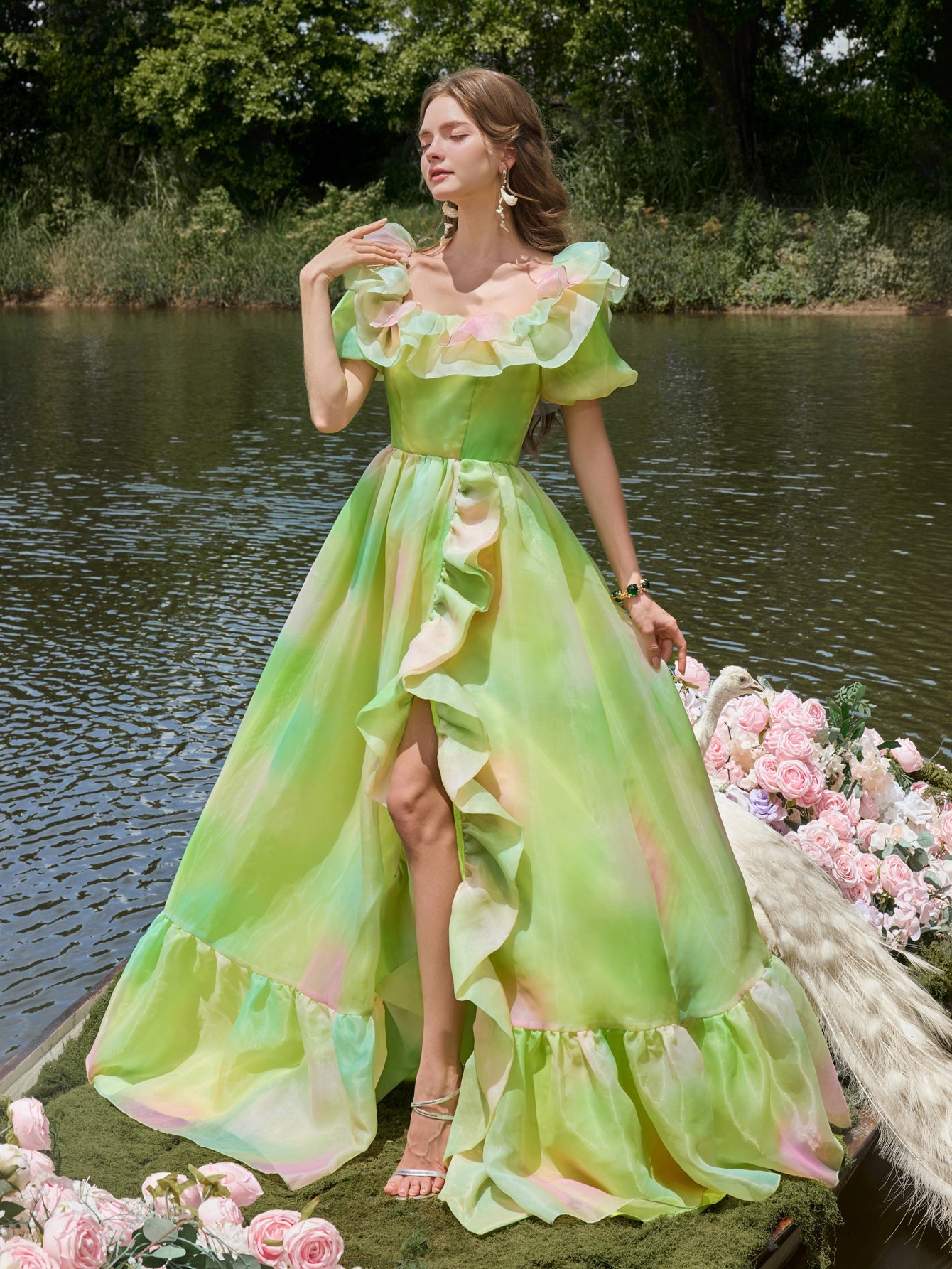 Ruffle Trim Puff Sleeve Split Ombre Organza Prom Dress — authorized product image 7