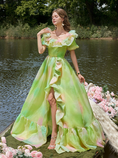 Ruffle Trim Puff Sleeve Split Ombre Organza Prom Dress — authorized product image 7