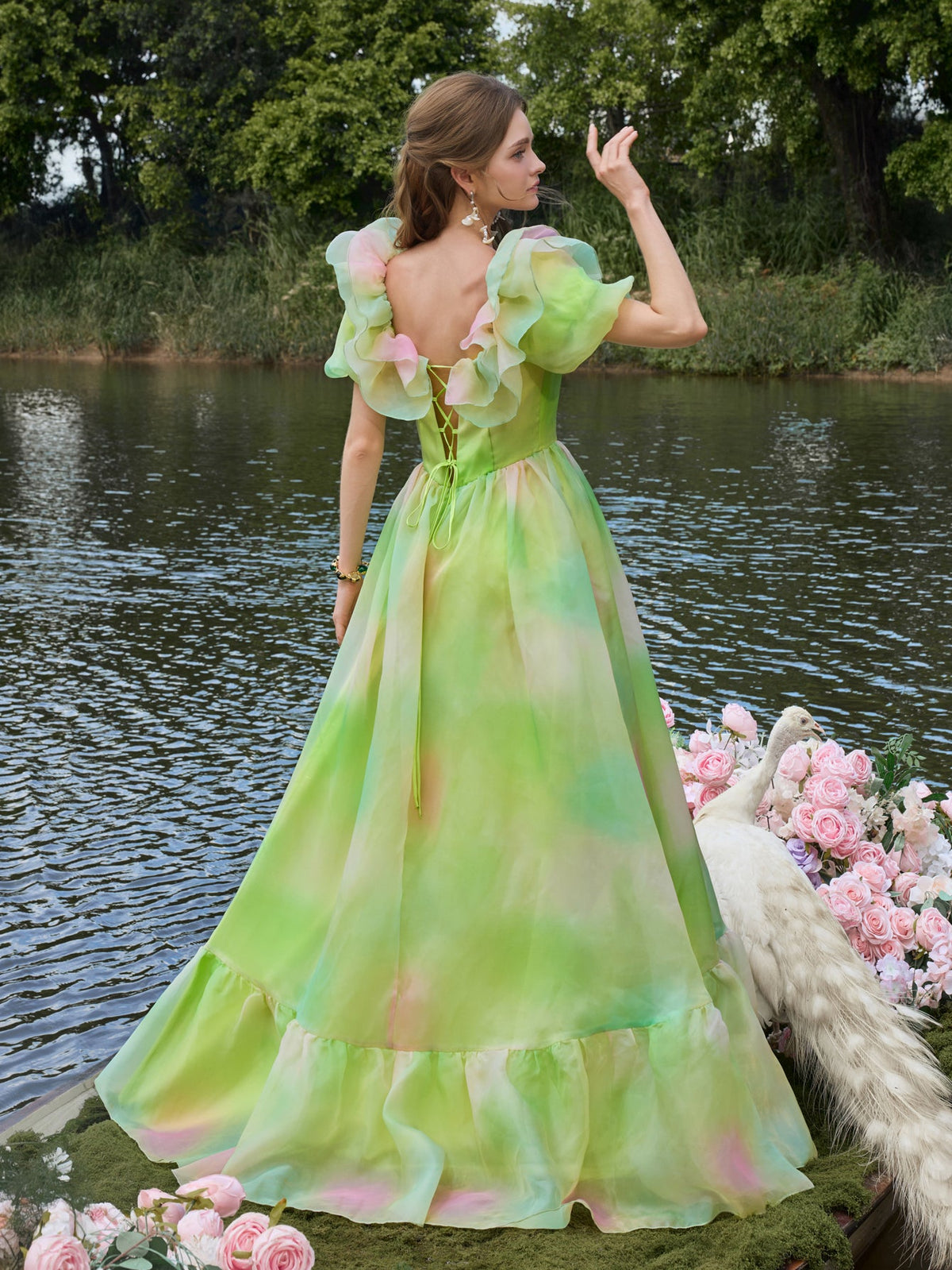 Ruffle Trim Puff Sleeve Split Ombre Organza Prom Dress — authorized product image 2