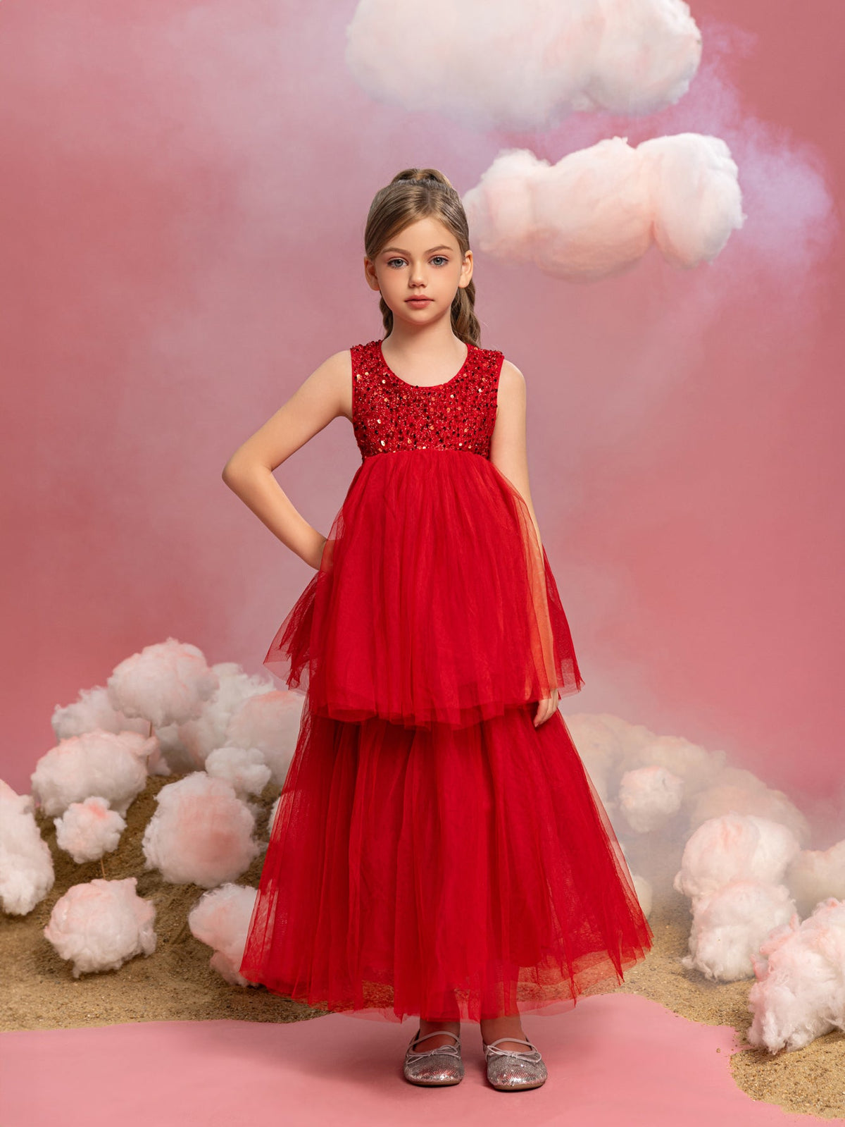 Additional product view of Layered Hem Sequin A-Line Sleeveless Mesh Tween Girls' Party Dress