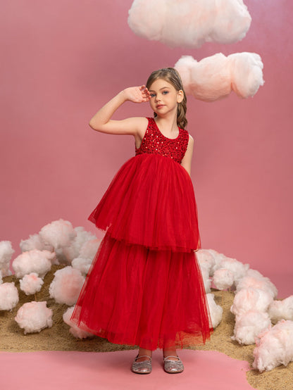 Layered Hem Sequin A-Line Sleeveless Mesh Tween Girls' Party Dress in Red