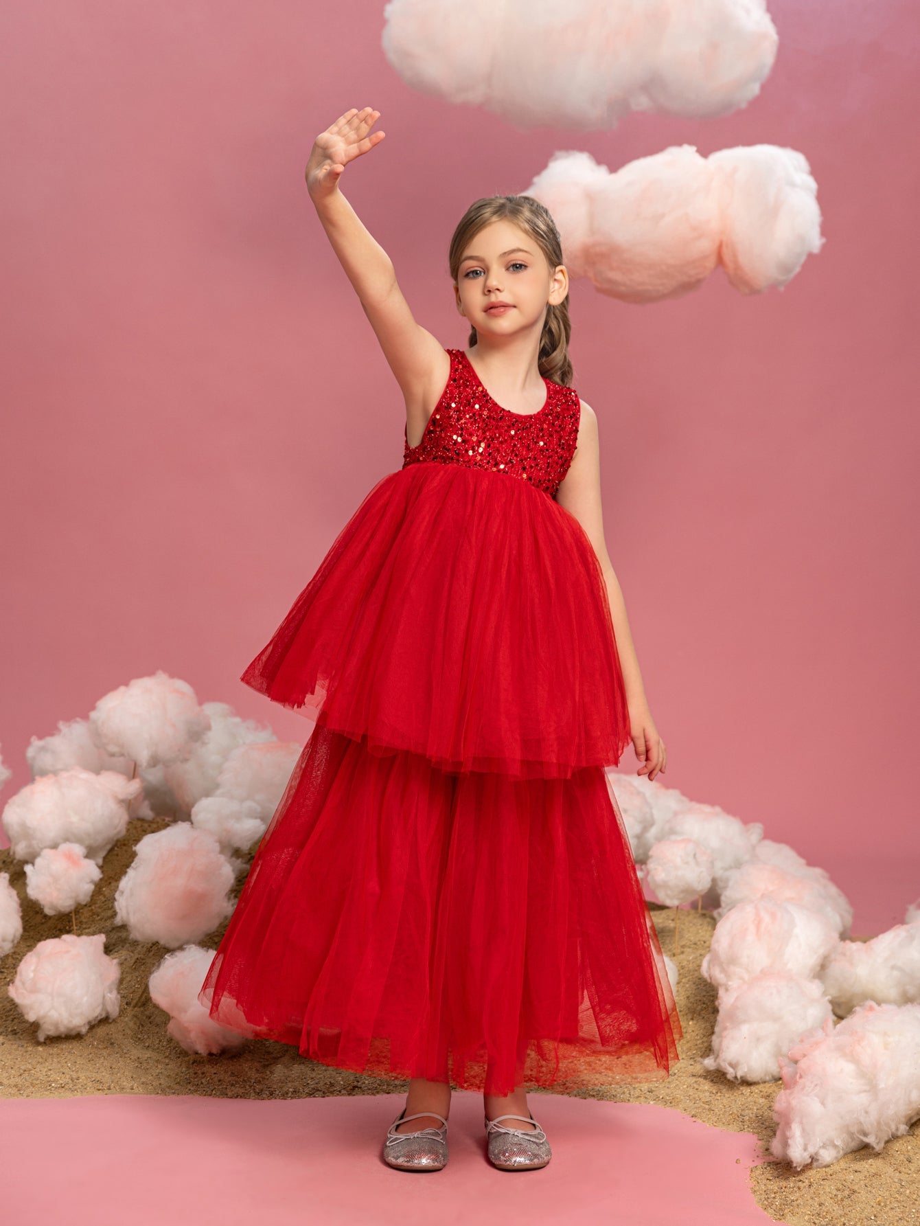 Additional product view of Layered Hem Sequin A-Line Sleeveless Mesh Tween Girls' Party Dress