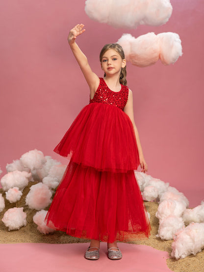 Additional product view of Layered Hem Sequin A-Line Sleeveless Mesh Tween Girls' Party Dress