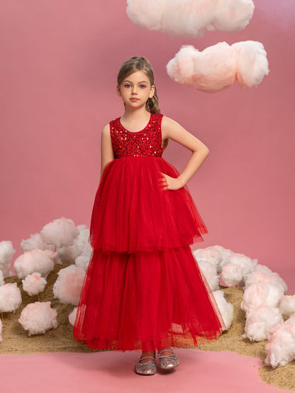 Additional product view of Layered Hem Sequin A-Line Sleeveless Mesh Tween Girls' Party Dress