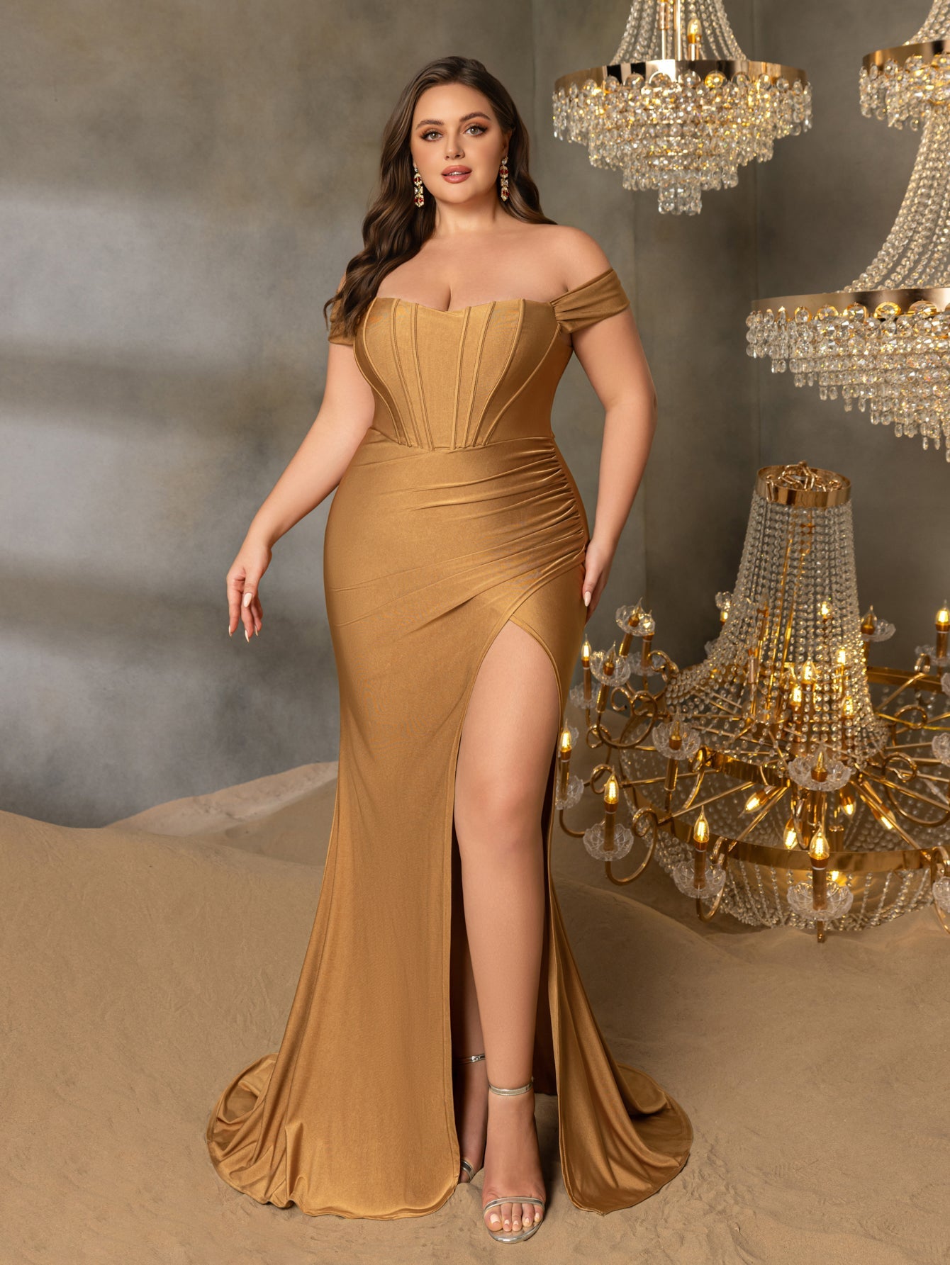 Additional product view of Ruched Wrap Plus-Size Off-Shoulder Knit High-Slit Mermaid Evening Gown