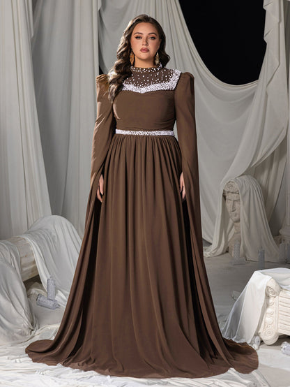 Plus Mock Neck Extra-Long Sleeves Chiffon Evening Gown with White Bead Accents – view 4