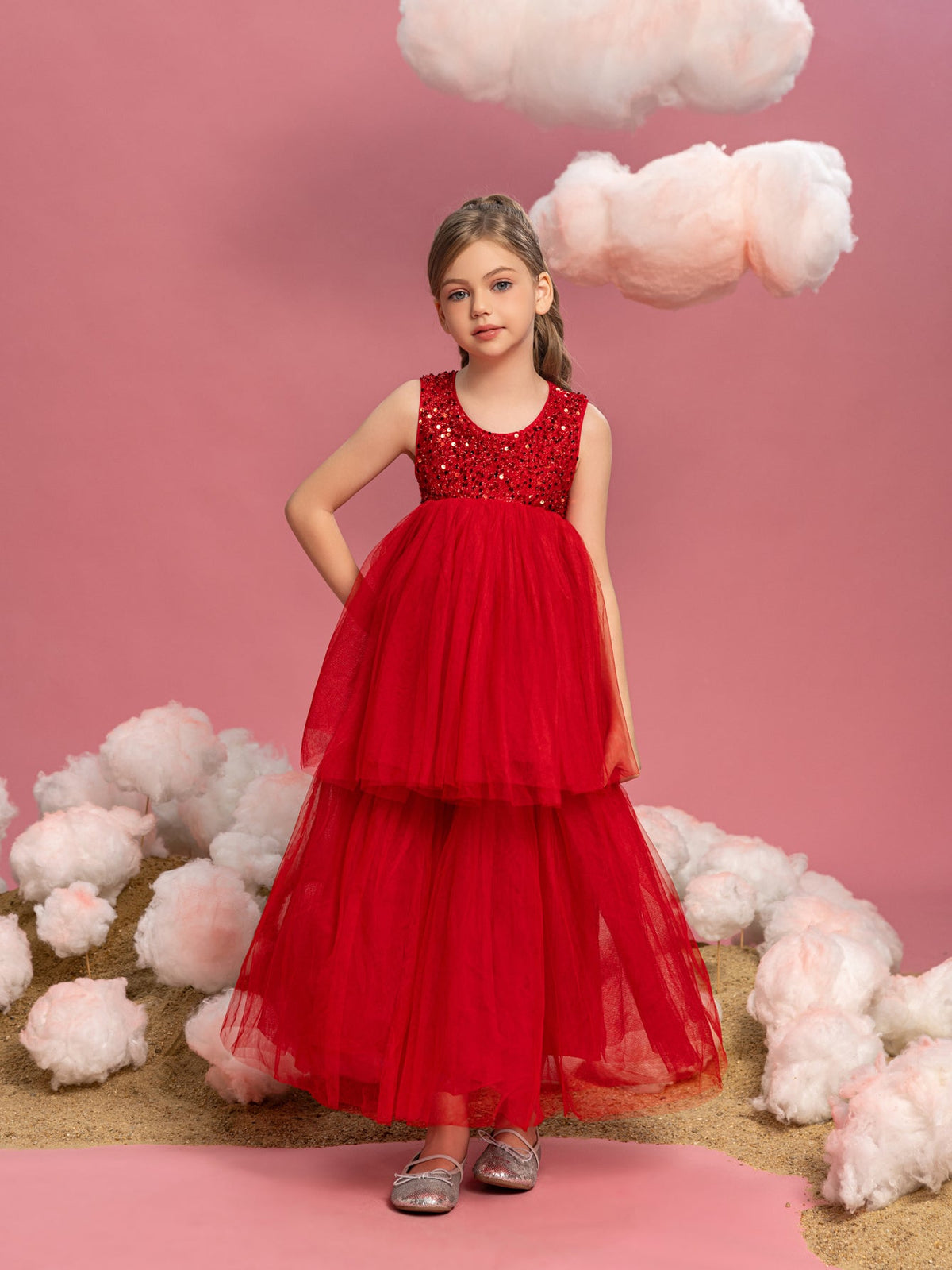 Additional product view of Layered Hem Sequin A-Line Sleeveless Mesh Tween Girls' Party Dress