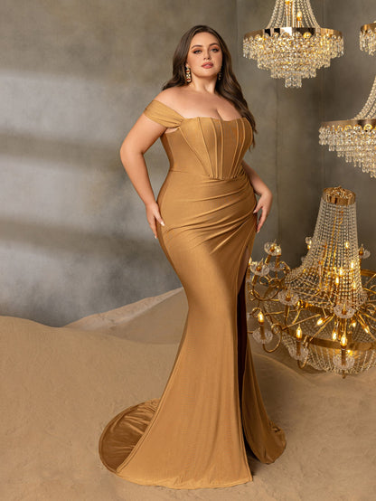 Additional product view of Ruched Wrap Plus-Size Off-Shoulder Knit High-Slit Mermaid Evening Gown