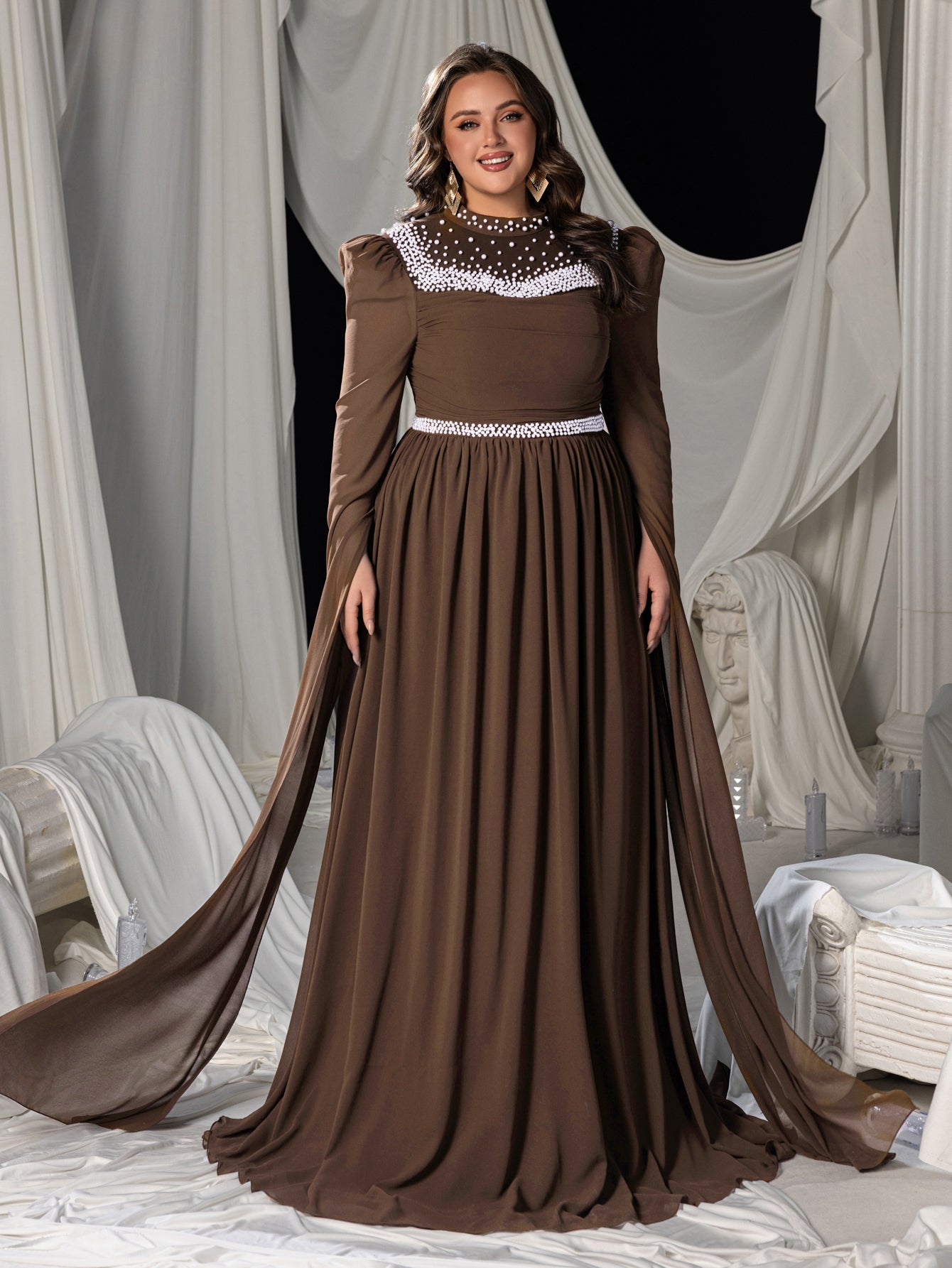 Plus Mock Neck Extra-Long Sleeves Chiffon Evening Gown with White Bead Accents – view 3