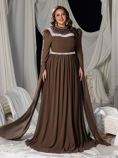 Plus Mock Neck Extra-Long Sleeves Chiffon Evening Gown with White Bead Accents – view 3
