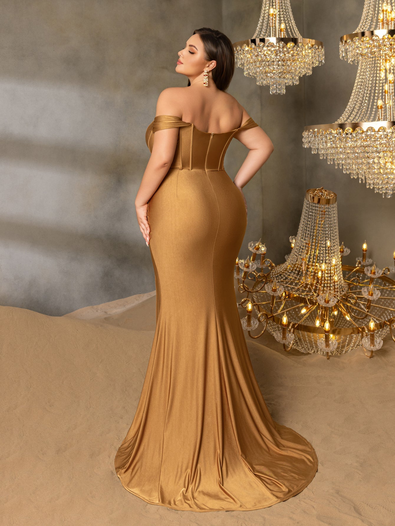 Additional product view of Ruched Wrap Plus-Size Off-Shoulder Knit High-Slit Mermaid Evening Gown