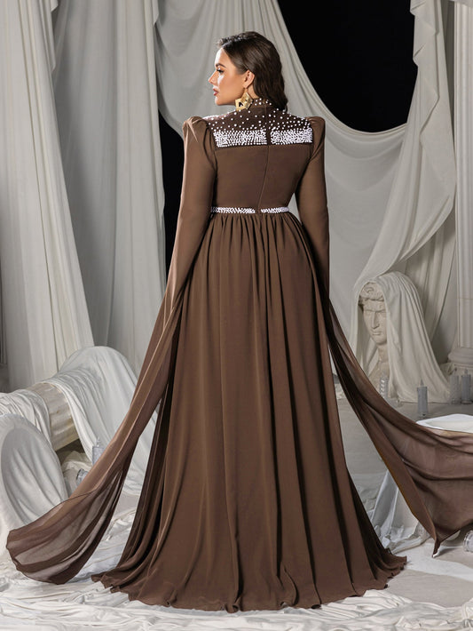 Plus Mock Neck Extra-Long Sleeves Chiffon Evening Gown with White Bead Accents – view 2