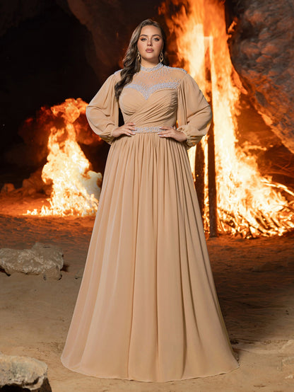 Plus Embellished High Neck Formal Dress | Long Sleeve Gown with Statement Waist & Full Skirt – view 3