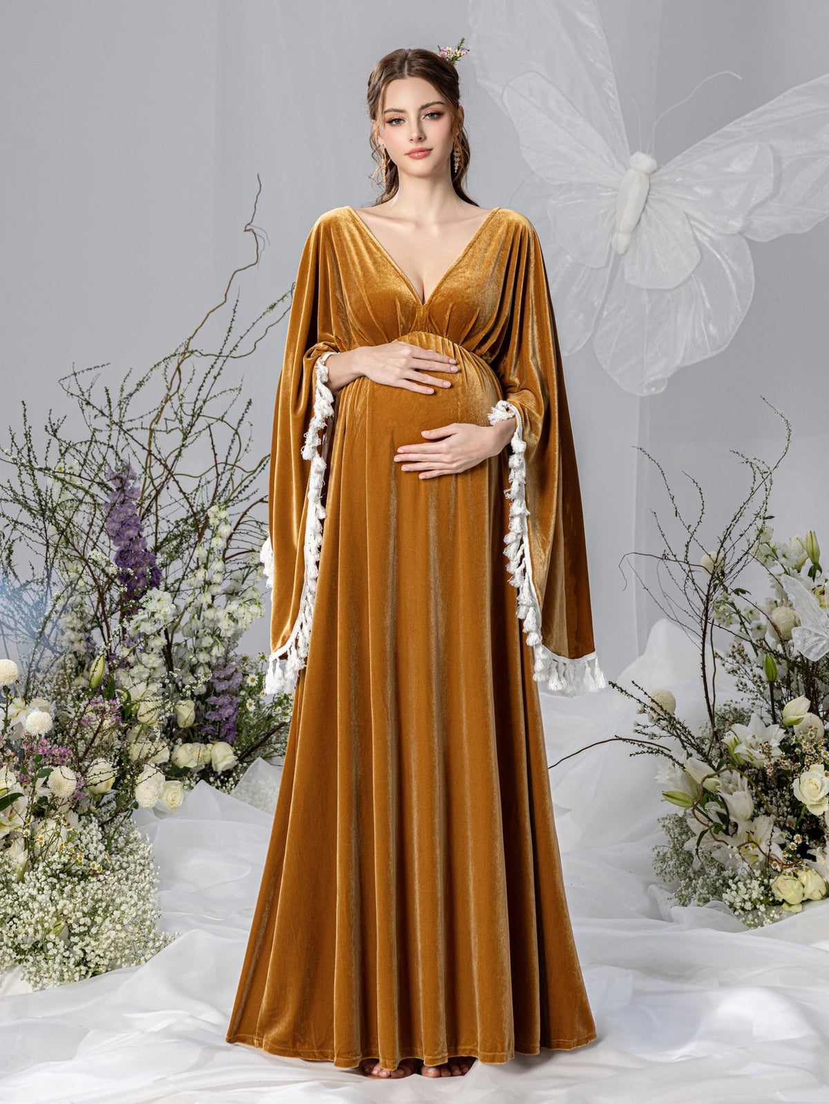 Maternity V-Neck Velvet Cape A-Line Evening Gown — authorized product image 3