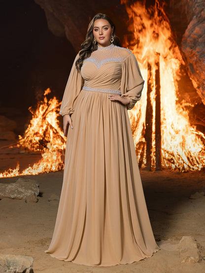Plus Embellished High Neck Formal Dress | Long Sleeve Gown with Statement Waist & Full Skirt – view 6