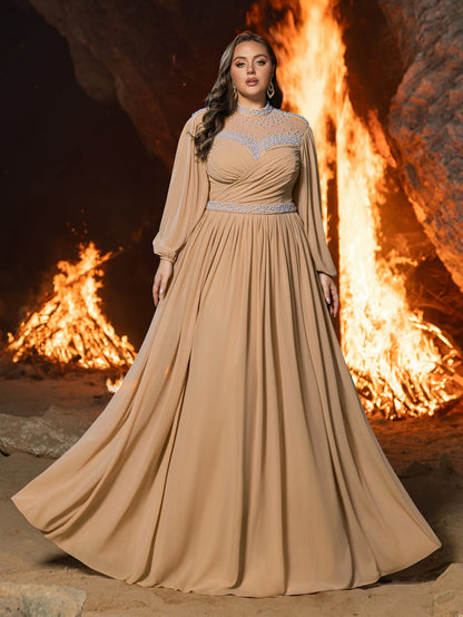 Plus Embellished High Neck Formal Dress | Long Sleeve Gown with Statement Waist & Full Skirt – view 8
