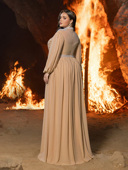 Plus Embellished High Neck Formal Dress | Long Sleeve Gown with Statement Waist & Full Skirt – view 2