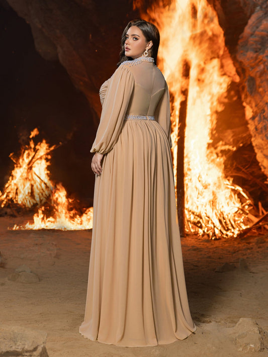 Plus Embellished High Neck Formal Dress | Long Sleeve Gown with Statement Waist & Full Skirt – view 2