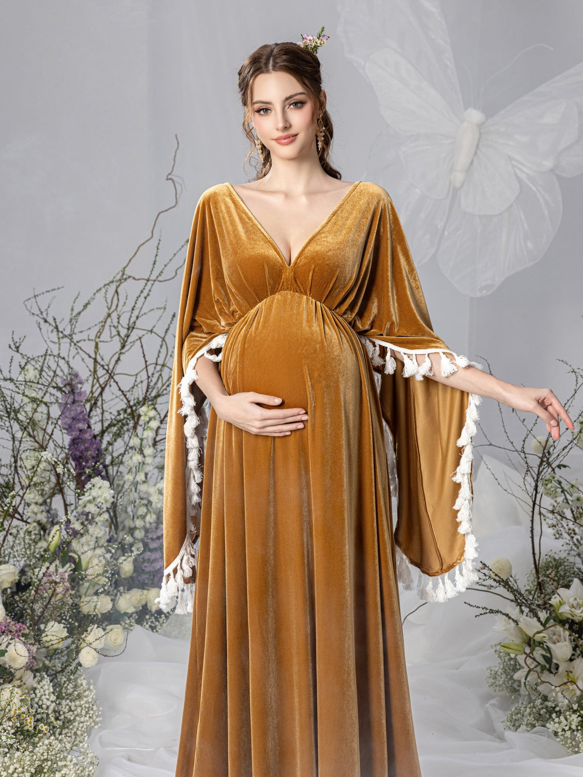 Maternity V-Neck Velvet Cape A-Line Evening Gown — authorized product image 6