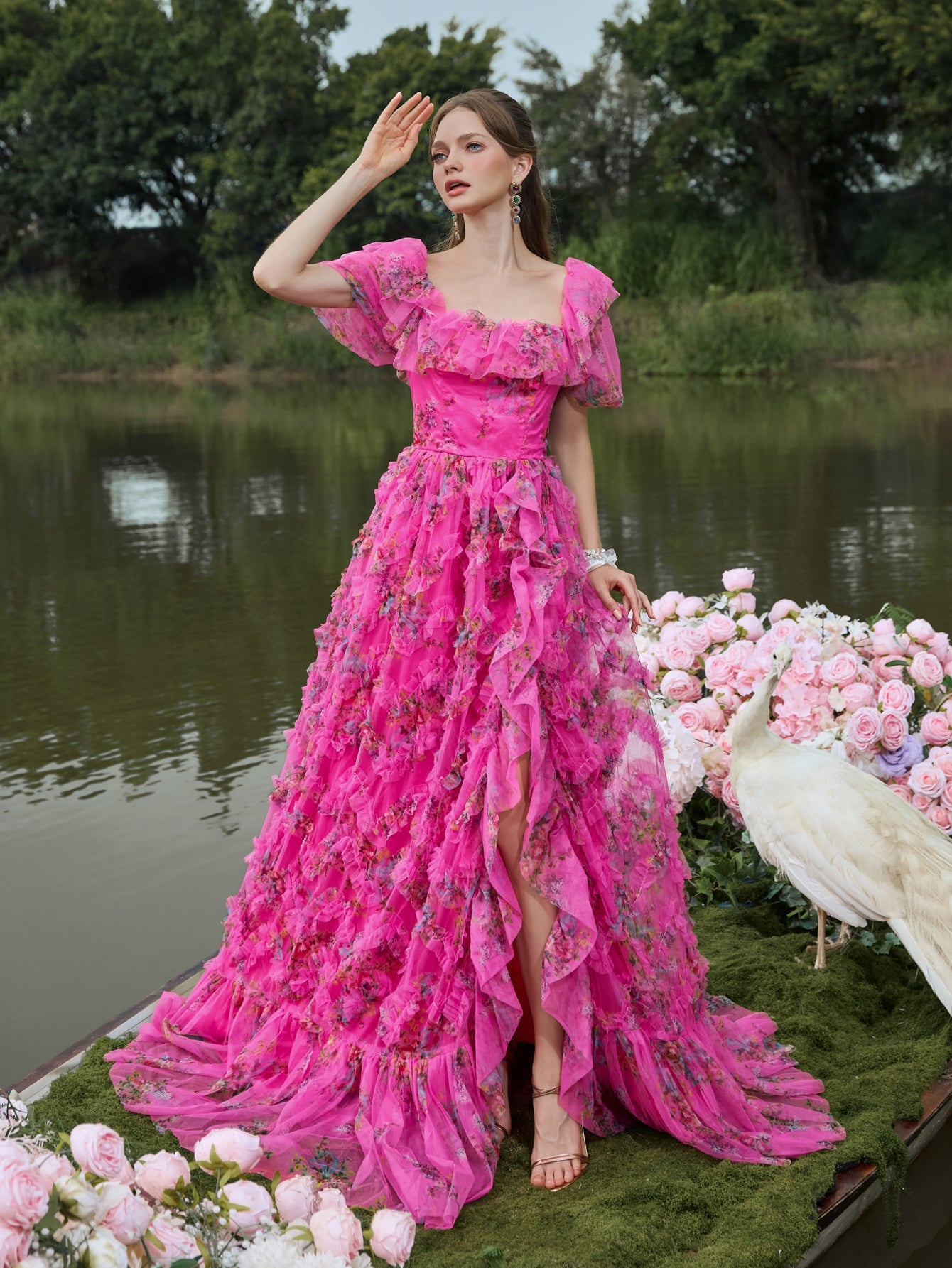 Elegant Ruffle Trim Puff Sleeves Floral Organza Prom Dress