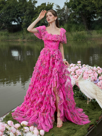 Elegant Ruffle Trim Puff Sleeves Floral Organza Prom Dress