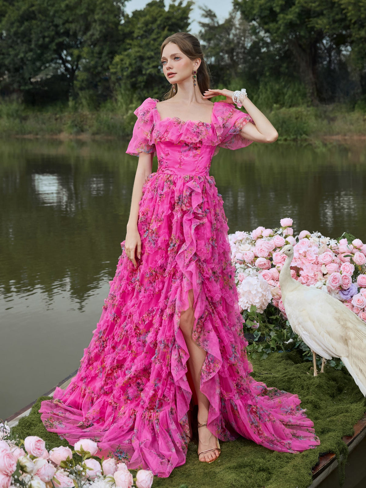 Elegant Ruffle Trim Puff Sleeves Floral Organza Prom Dress