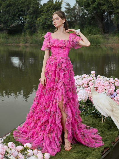 Elegant Ruffle Trim Puff Sleeves Floral Organza Prom Dress