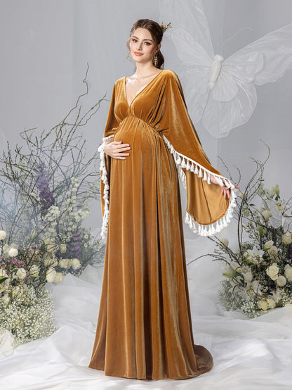 Maternity V-Neck Velvet Cape A-Line Evening Gown — authorized product image 4