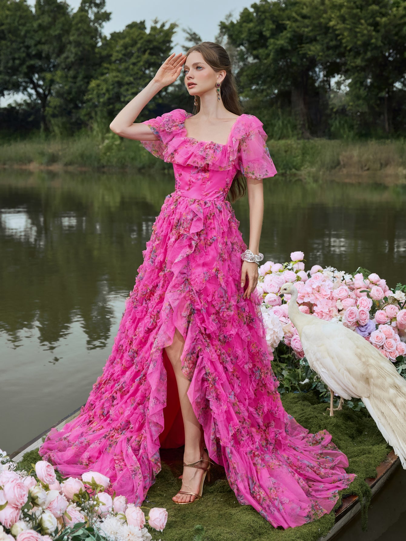 Elegant Ruffle Trim Puff Sleeves Floral Organza Prom Dress